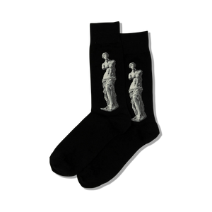 Pair of black crew socks featuring a grayscale image of the Venus de Milo statue on each sock.