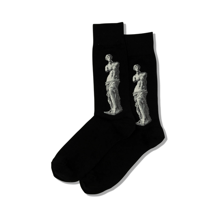 Pair of black crew socks featuring a grayscale image of the Venus de Milo statue on each sock.