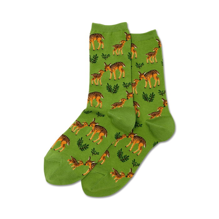 Pair of green crew socks with an all-over print of orange mother and baby deer and green ferns. }}