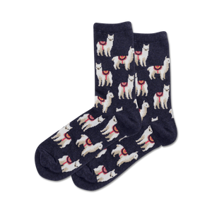 Pair of crew socks, navy blue with a pattern of white llamas wearing colorful saddles.