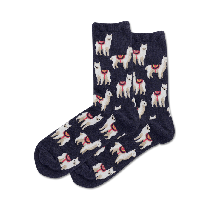 Pair of crew socks, navy blue with a pattern of white llamas wearing colorful saddles.