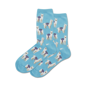 Close-up of light blue crew socks with a repeating pattern of white llamas.