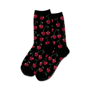 Pair of black crew socks with a repeating pattern of red cherries.  Fun, fruity design!