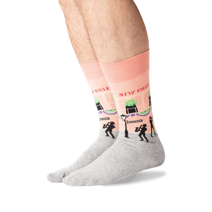 Lifestyle shot of a person wearing the New Orleans socks, showcasing how they look when worn.