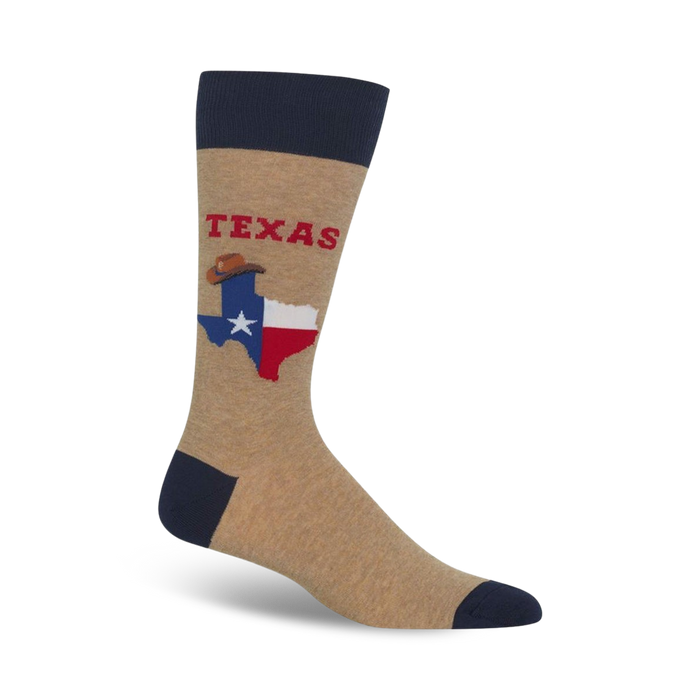 Tan crew socks with navy blue cuffs, featuring a graphic of the Texas flag with a cowboy hat and the word 'TEXAS'.