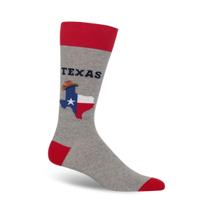 Grey crew socks with red cuffs, featuring the Texas flag, cowboy hat, and 'TEXAS' lettering.