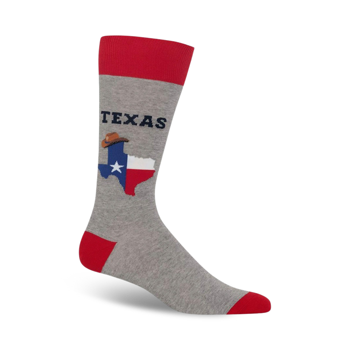 Grey crew socks with red cuffs, featuring the Texas flag, cowboy hat, and 'TEXAS' lettering.