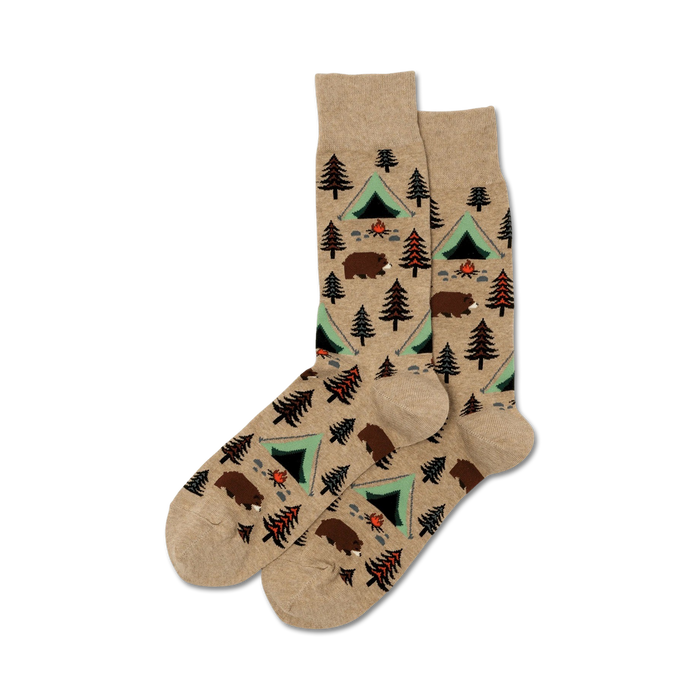 Pair of beige crew socks with a repeating pattern of brown bears, green tents, and evergreen trees. Campfire details add to the cozy, outdoorsy theme. }}