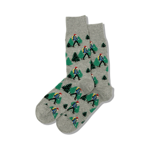 Close-up of grey Hiker socks showcasing the hiker and pine tree pattern.