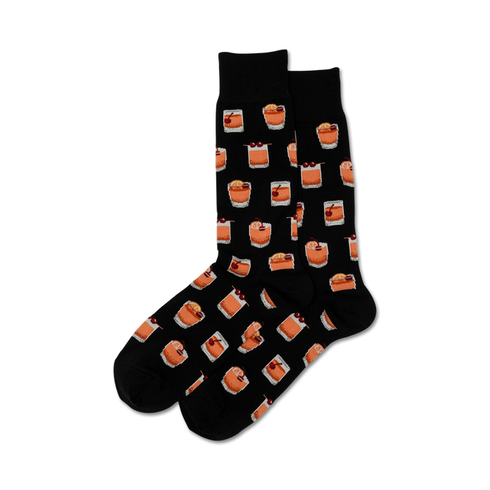 Pair of crew socks in navy blue and black, featuring a repeating pattern of illustrated Old Fashioned cocktails with cherries and orange slices.