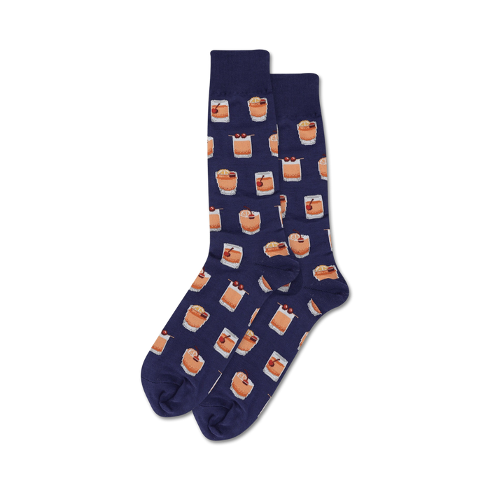 Close-up of navy blue Old Fashioned cocktail socks on a person's legs.