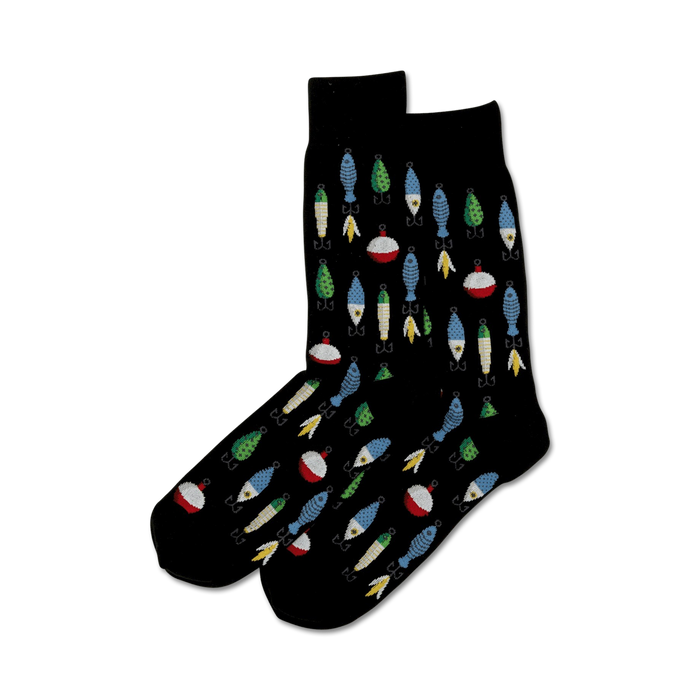 black crew socks with fishing lures, bobbers, and fish patterns.  