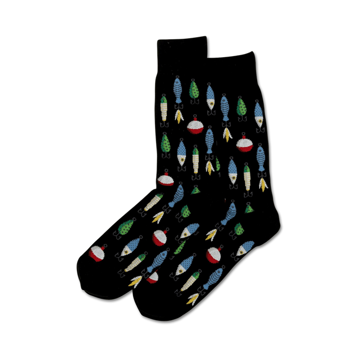 Pair of crew socks, black and tan options, showcasing a whimsical pattern of colorful fishing lures, bobbers, and hooks.
