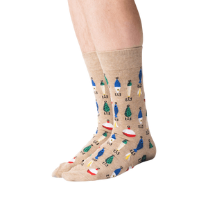 A pair of light brown calf-length socks with a pattern of fishing lures and bobbers in blue, green, orange, and white.