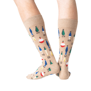 Back view of tan Fishing Lure socks on a model's legs, demonstrating how they look from the back.
