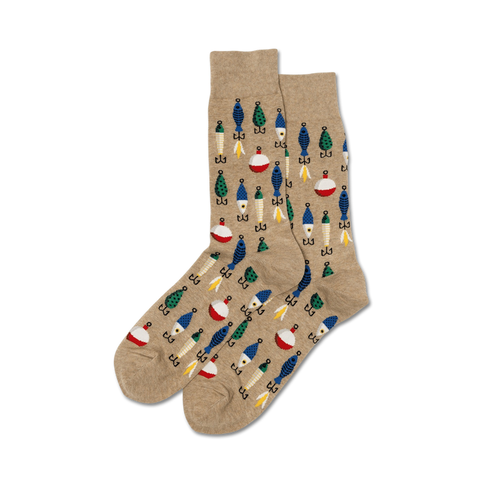 Tan Fishing Lure socks shown on a model's legs, showcasing the fit and design.