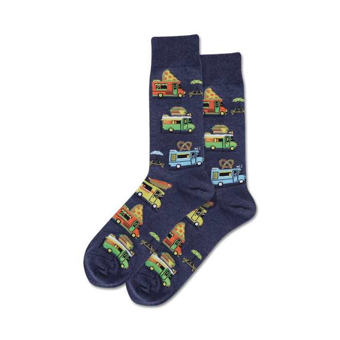 Pair of navy blue crew socks with colorful food truck designs.  The trucks feature pizza, burgers, hot dogs, and pretzels.  }}