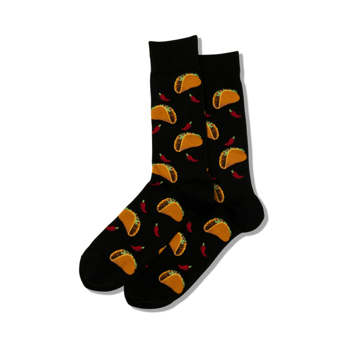 Pair of crew socks in black, blue, or gray with a repeating pattern of tacos and red chili peppers.