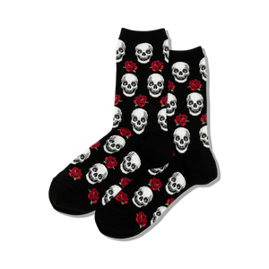 Pair of black crew socks with a repeating pattern of white skulls and red roses.