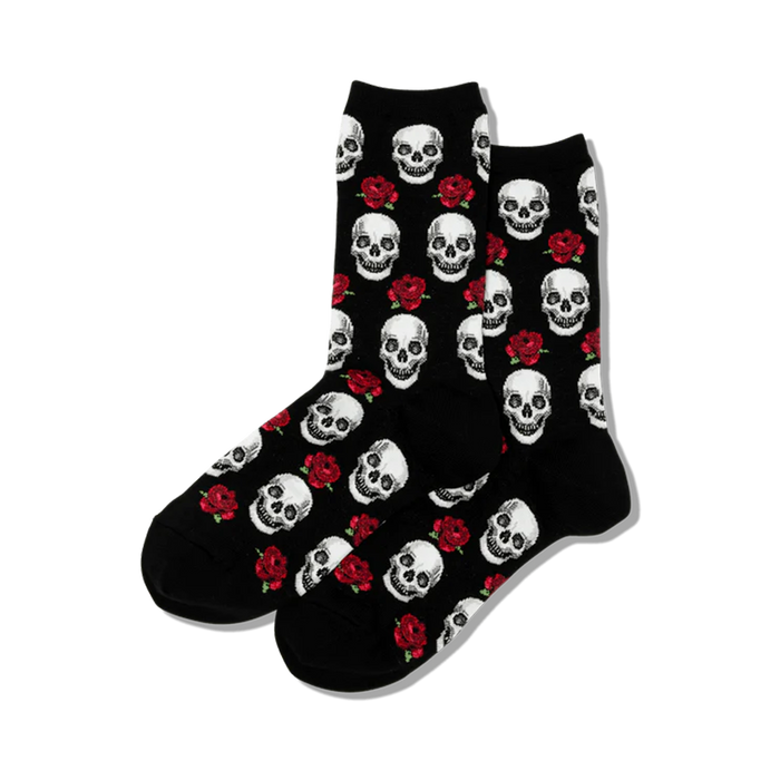 Pair of black crew socks with a repeating pattern of white skulls and red roses.