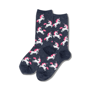 Pair of dark grey crew socks with a repeating pattern of pink and white unicorns.