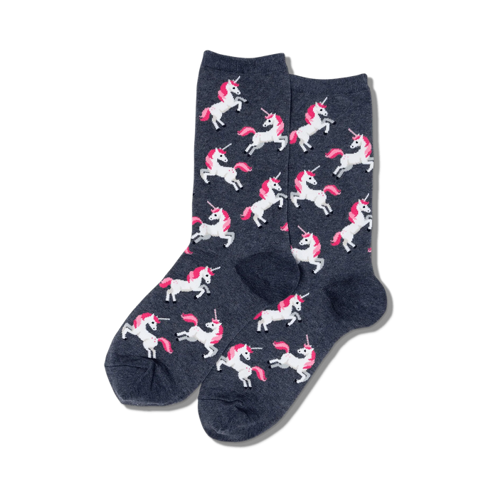 Pair of dark grey crew socks with a repeating pattern of pink and white unicorns.