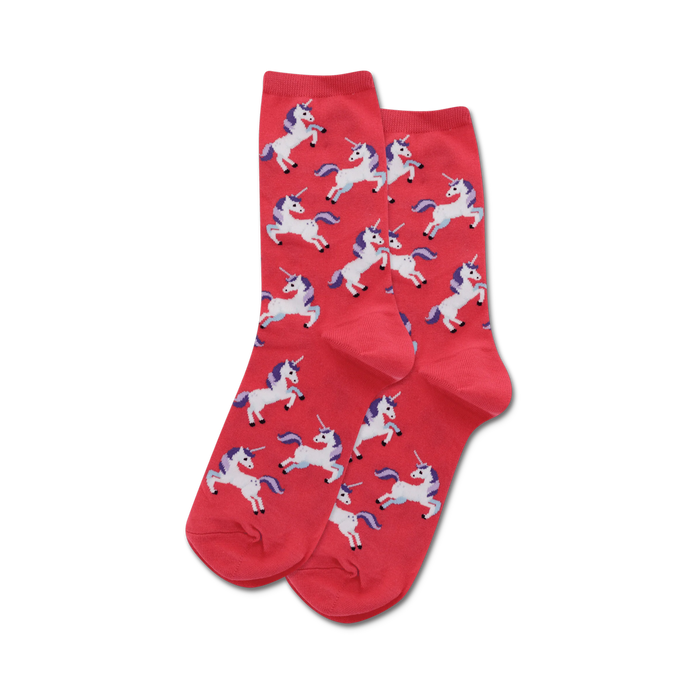 pink crew socks with galloping unicorns in white with purple manes and tails. 