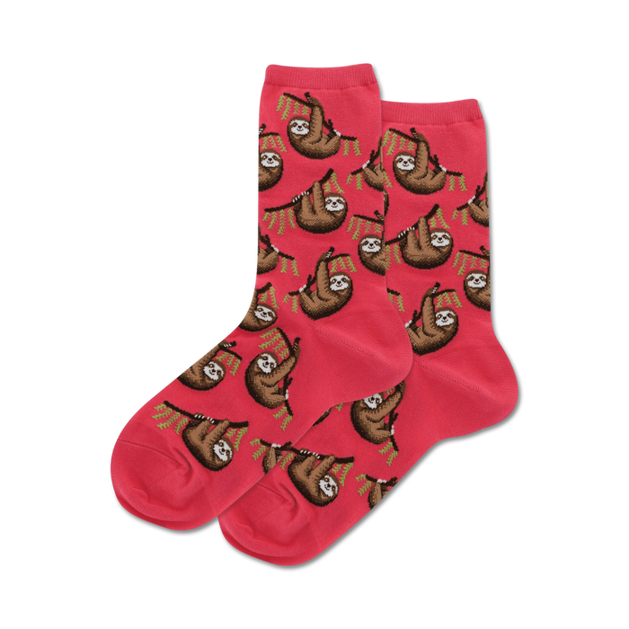 pink crew socks with a sloth pattern. keywords: women's sloth socks, crew length, pink color, sloth design.  