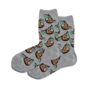 womens gray crew socks with a pattern of sloths hanging from green branches.  