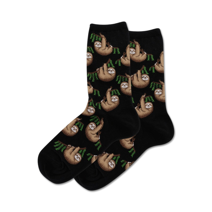 black womens crew socks featuring an all-over print of brown sloths hanging from green branches.  