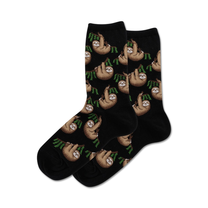Close-up view of a pair of black crew socks with a sloth pattern, highlighting the detailed design.