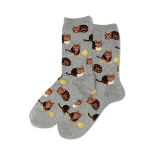 Pair of crew socks, grey and brown, featuring a repeating pattern of cute cats playing with yarn.