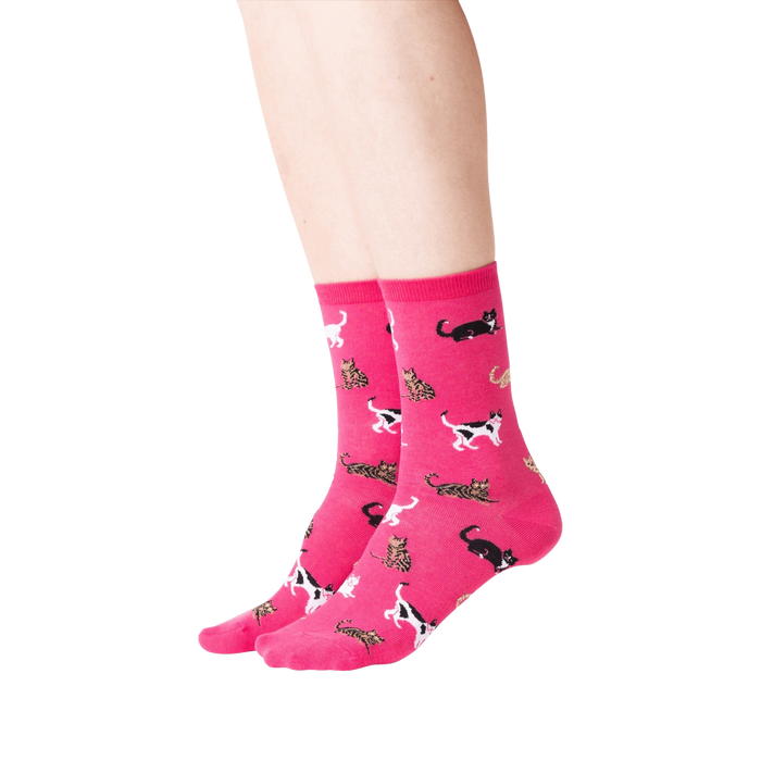 Lifestyle shot showing a person wearing a pair of pink Classic Cats socks. The socks are crew length and feature a pattern of various cats in black, brown, and white.