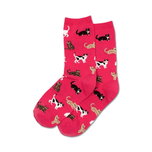 Pair of women's crew socks in hot pink with a pattern of various cats in black, brown, and white.