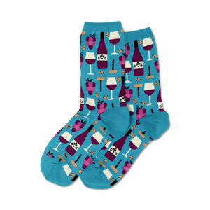 blue crew socks with a pattern of wine bottles, glasses, corkscrews, and grapes.  