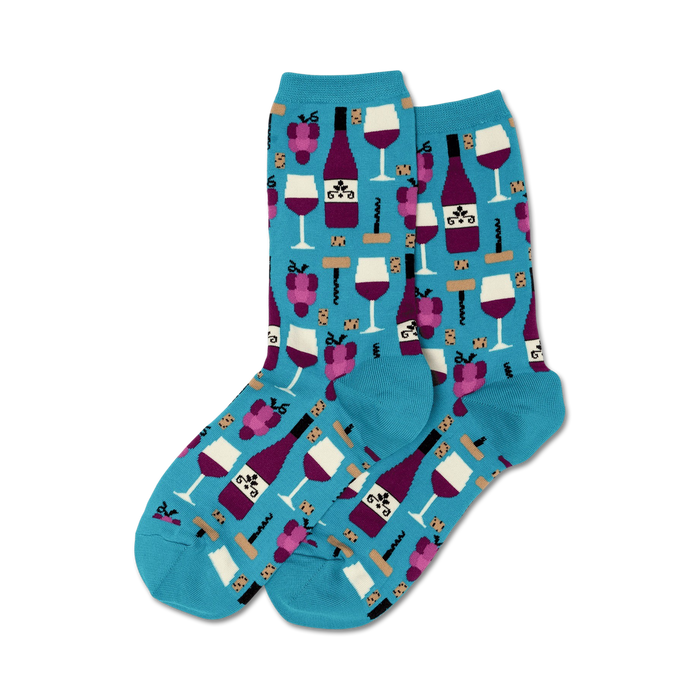blue crew socks with a pattern of wine bottles, glasses, corkscrews, and grapes.  