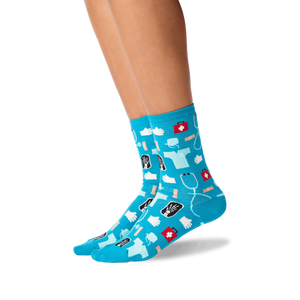 Lifestyle shot: A person's legs wearing the teal medical socks.  Shows the socks on feet and how they look when worn.