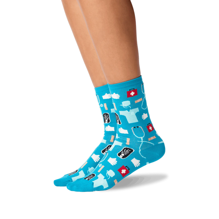 Lifestyle shot: A person's legs wearing the teal medical socks.  Shows the socks on feet and how they look when worn.