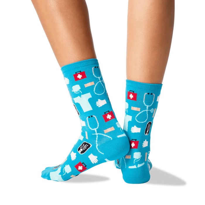 Back view of the teal medical socks on a person's legs. The socks are shown from the back, highlighting the pattern's wrap-around design.