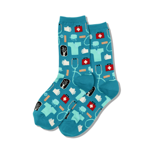 fun medical crew socks for women featuring bright blue background with colorful stethoscopes, bandages, and other medical symbols.  