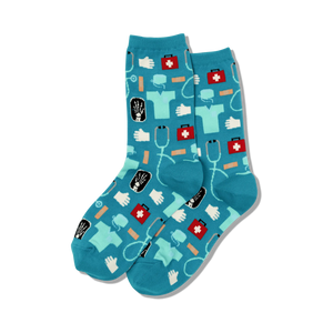 Pair of teal crew socks with a pattern of medical icons. Same design as the black socks, but on a teal background.