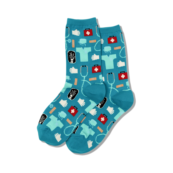 Pair of teal crew socks with a pattern of medical icons. Same design as the black socks, but on a teal background.