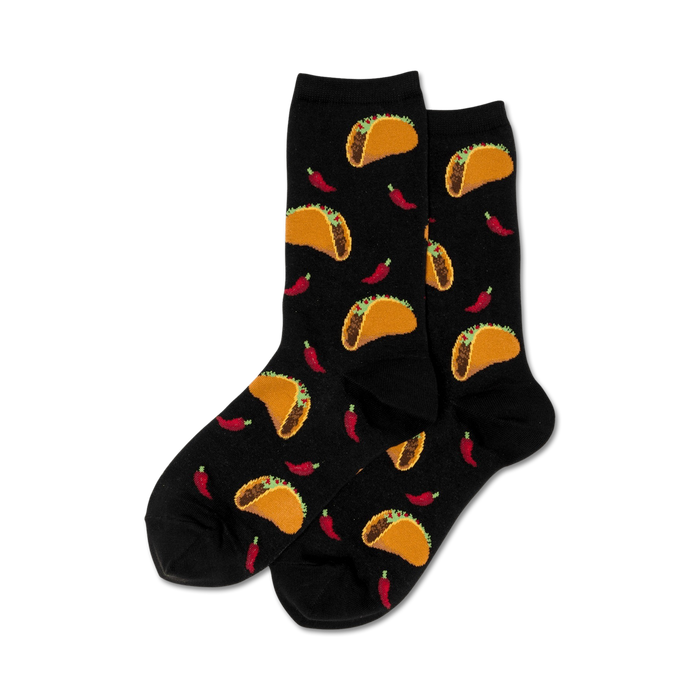 Pair of black crew socks with a fun pattern of tacos and red chili peppers.