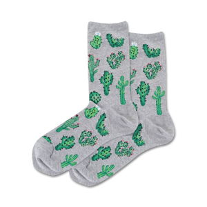 gray women's crew socks with green cacti of various sizes. some cacti have flowers.   