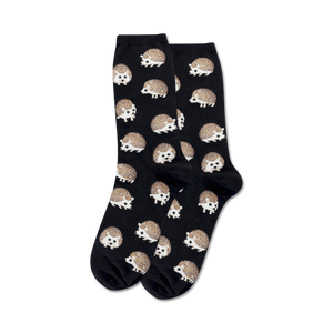 Pair of black crew socks with an all-over print of brown hedgehogs.