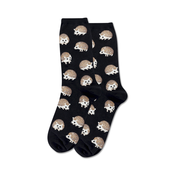 Pair of black crew socks with an all-over print of brown hedgehogs.