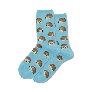 Pair of light blue crew socks with a repeating pattern of brown hedgehogs.