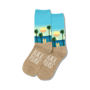 Lifestyle shot showing the teal 'Beach Please' socks on a model's feet.