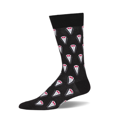 Black crew sock with a repeating pattern of small white tuxedo tops, each featuring a red bow tie.