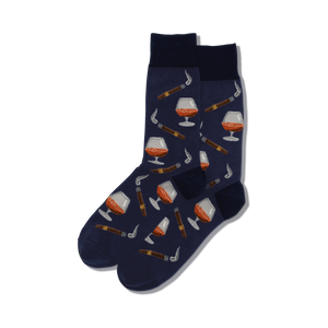crew socks for men. dark blue with cognac glasses and cigars.  
